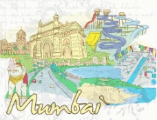 旅游风光手绘印度孟买旅游城市建筑风光图片