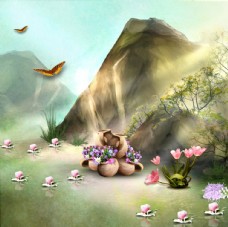 山丘花朵陶罐蝴蝶相框背景图片