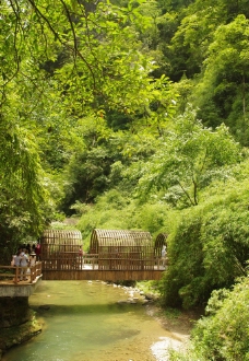 溪水和竹桥图片