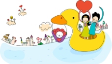 爱上小鸭子船上的卡通情侣图片